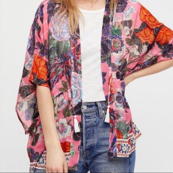 Free people enchanted blooms floral pink kimono one size - Picture 1 of 12